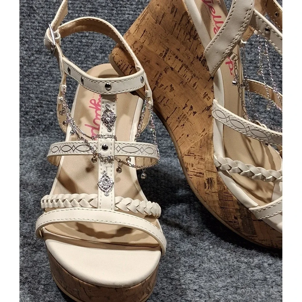 Jellypop Wedge Sandals Cream With Silver  Tone Chain Jewel Accents  Ankle Strap - Picture 5 of 13